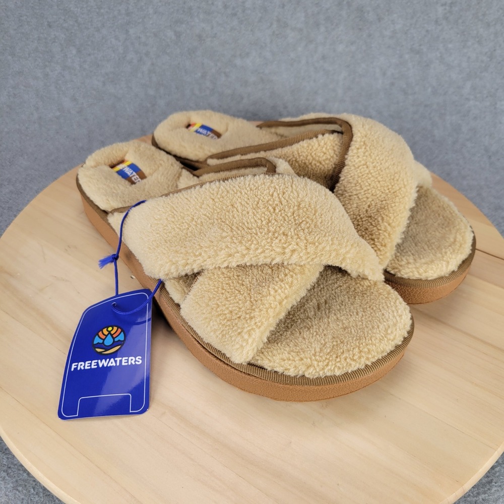 Freewaters Cuddles Slippers Women 9-10 Tan Faux Shearling Criss Cross Slides